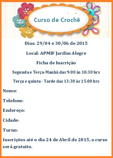 A Prefeitua Municipal de Jardim Alegre, através da APMIF, promove o Curso de Tapetes de Crochê, co